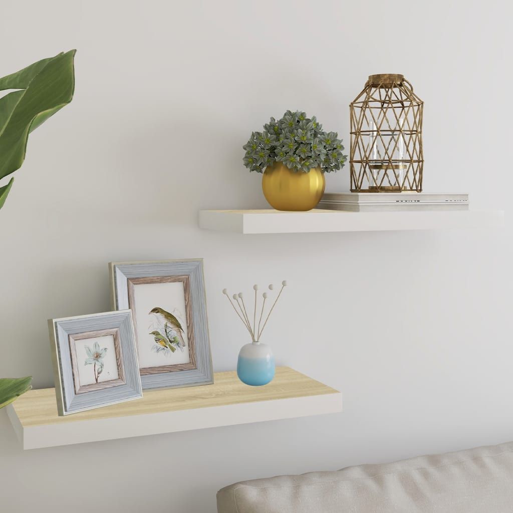 Oak and White Floating Shelves with Concealed Mounting