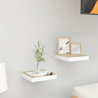 Oak and White Floating Display Shelves, Set of Two