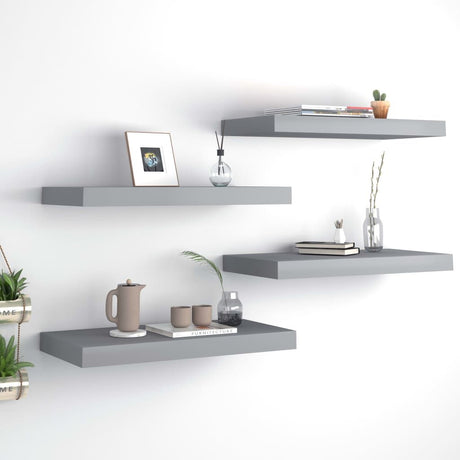 Set of 4 Gray Floating Wall Shelves with Invisible Mounting