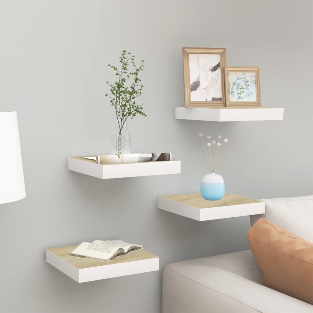 Oak and White Floating Display Shelves, Set of Four