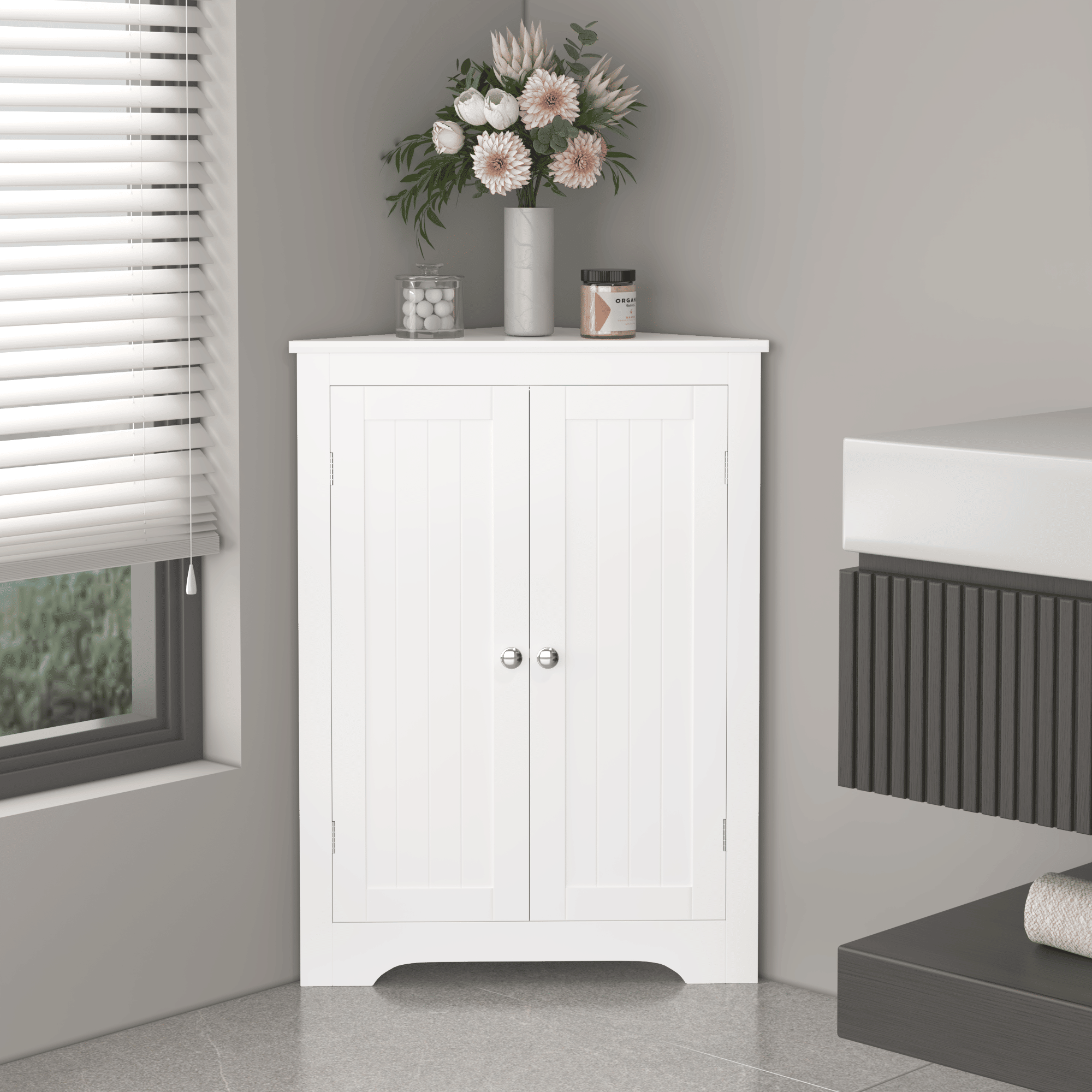 Freestanding Corner Cabinet with Adjustable Shelf and Beadboard Doors