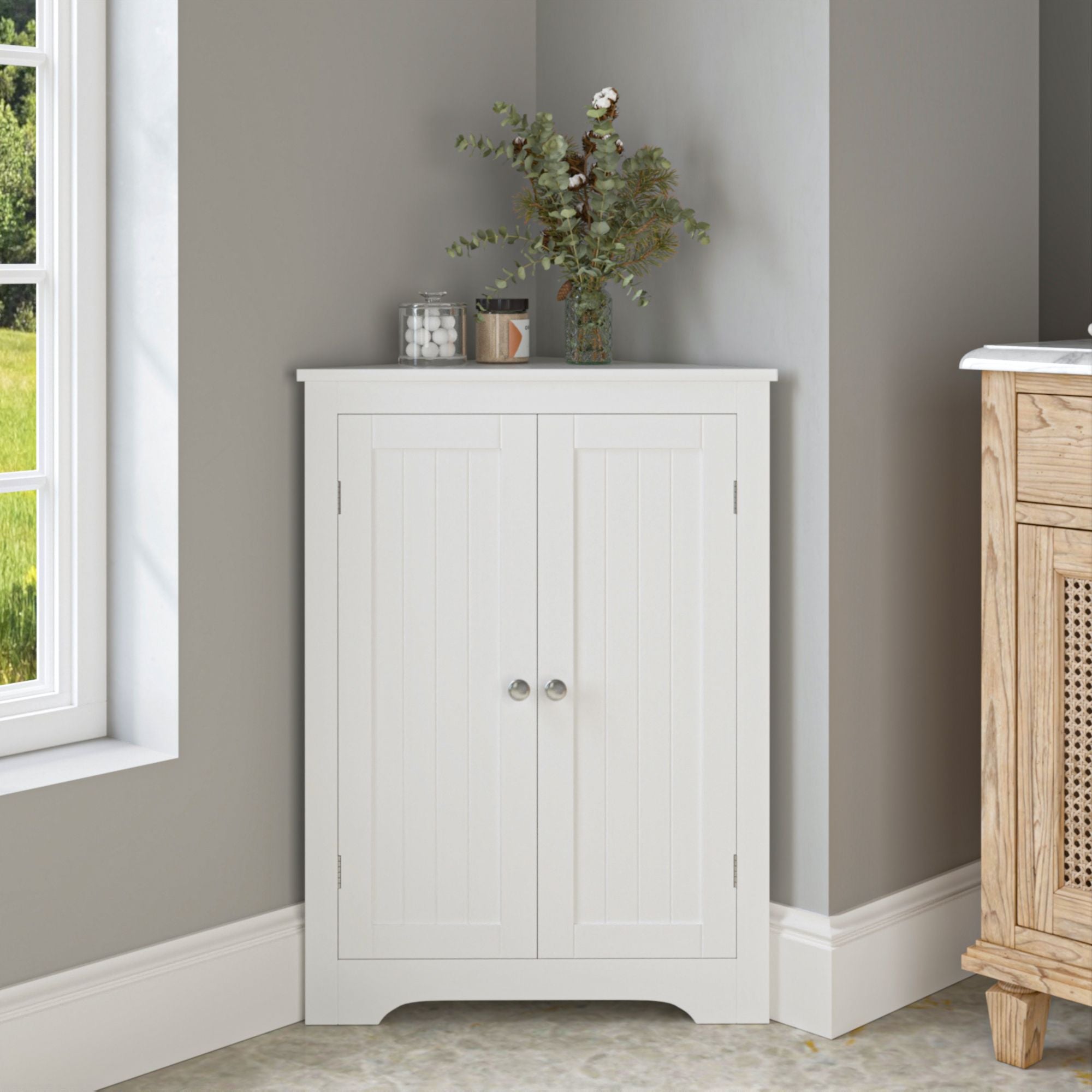 Freestanding Corner Cabinet with Adjustable Shelf and Beadboard Doors