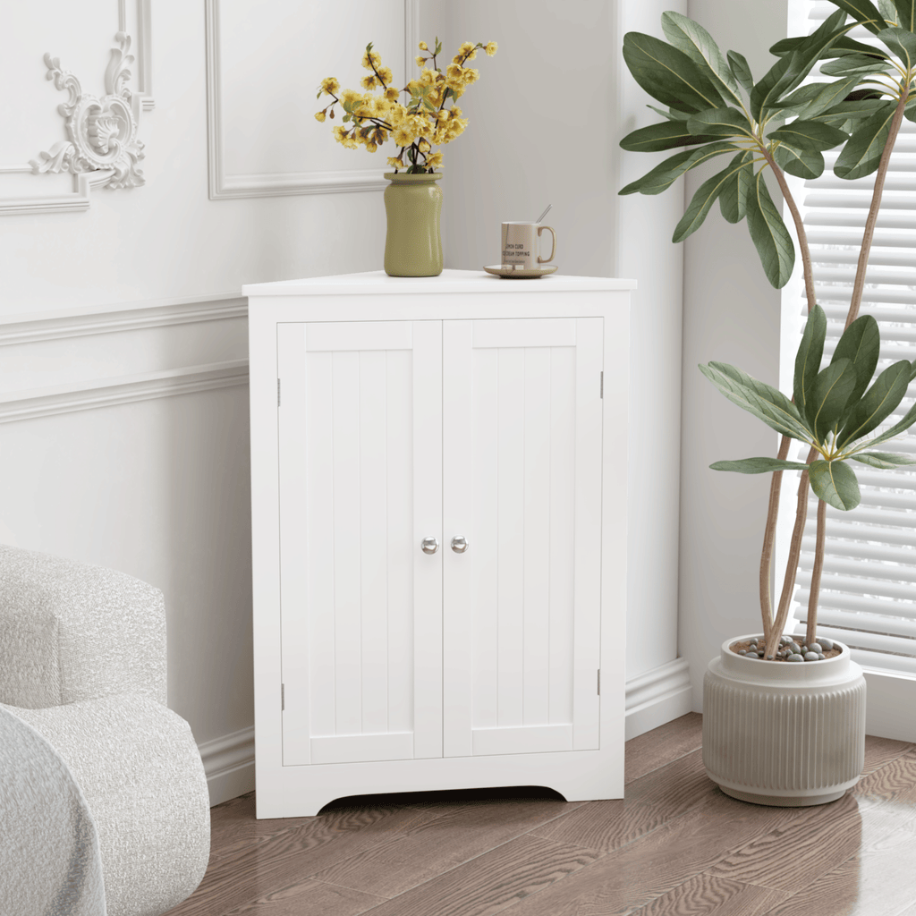 Freestanding Corner Cabinet with Adjustable Shelf and Beadboard Doors