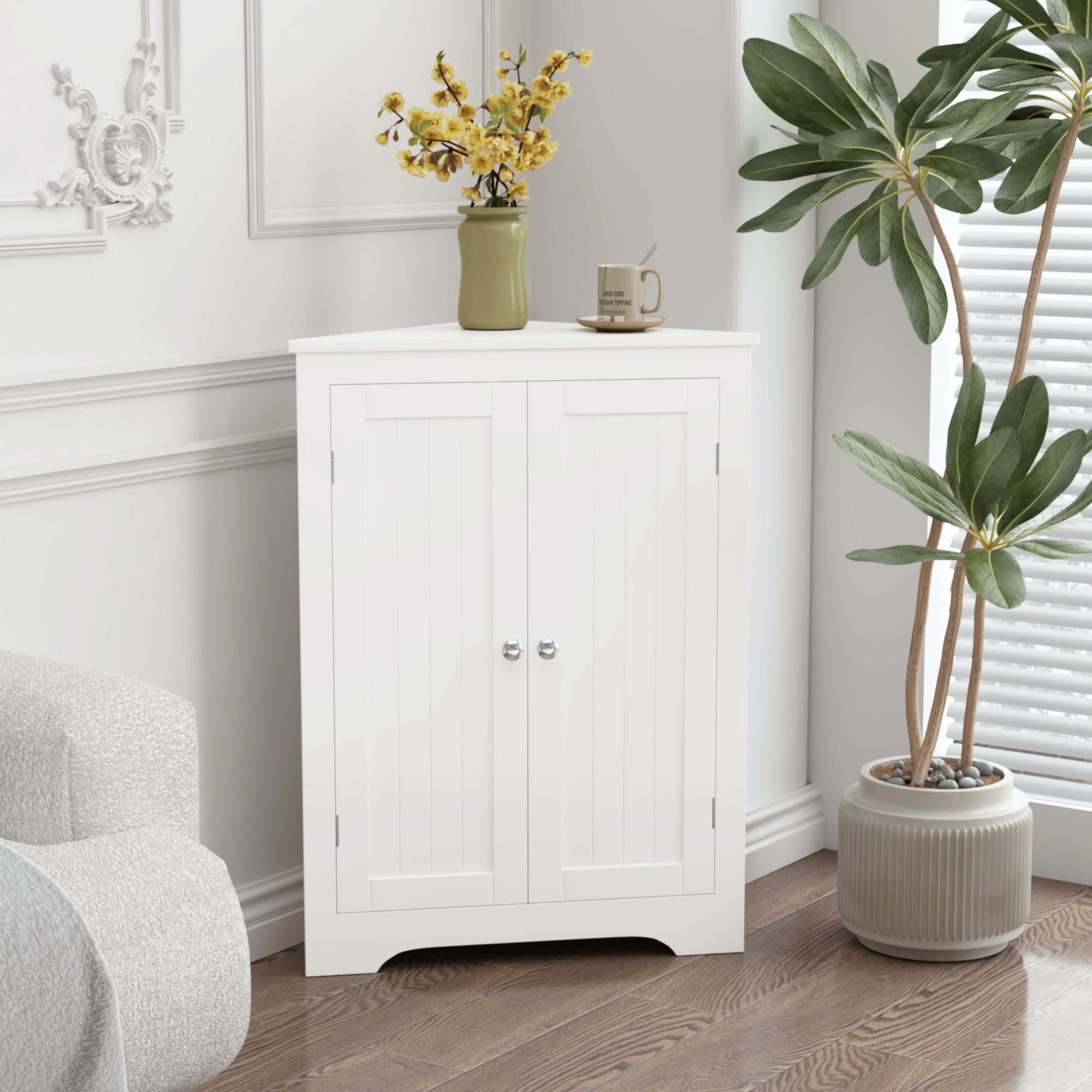 Freestanding Corner Cabinet with Adjustable Shelf and Beadboard Doors