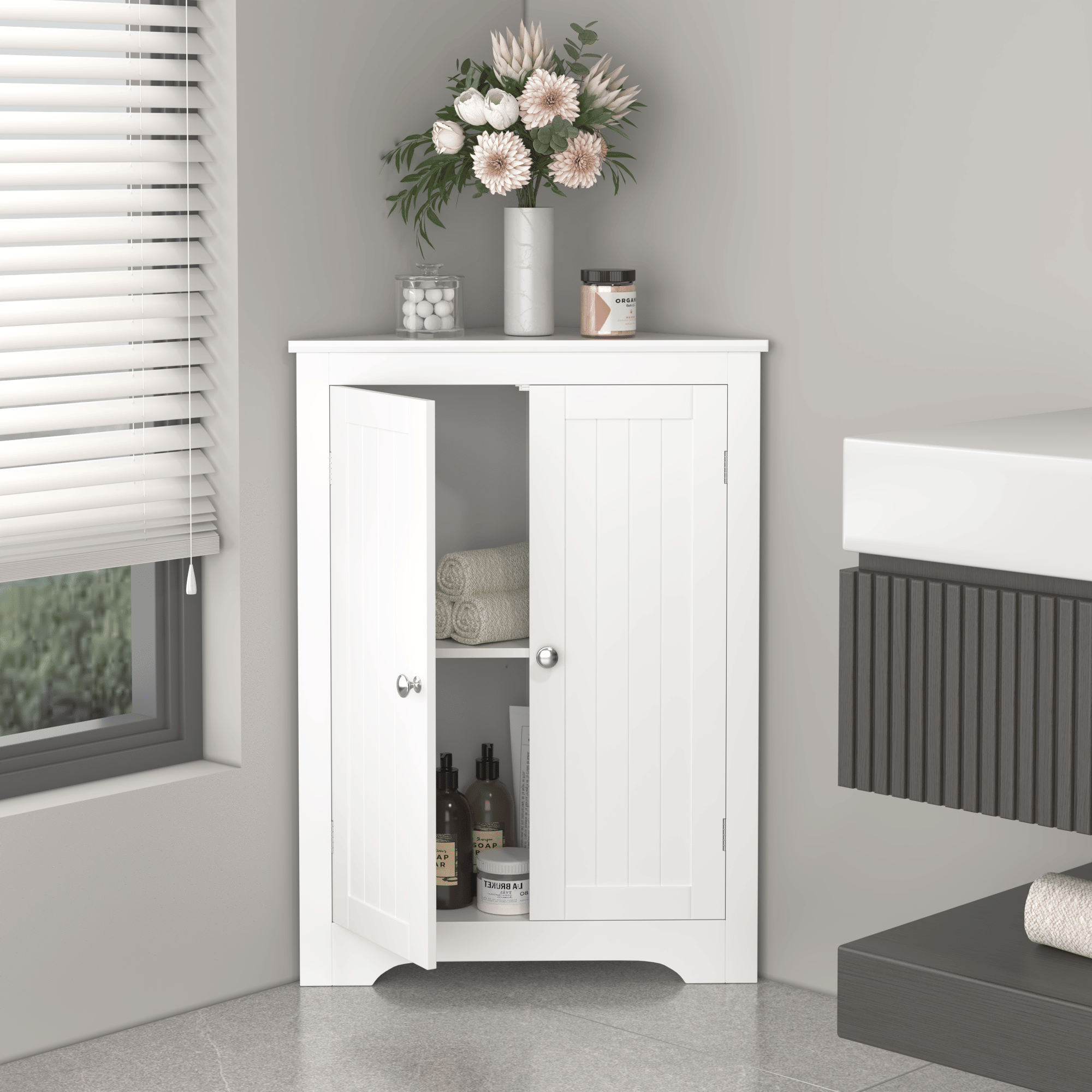 Freestanding Corner Cabinet with Adjustable Shelf and Beadboard Doors