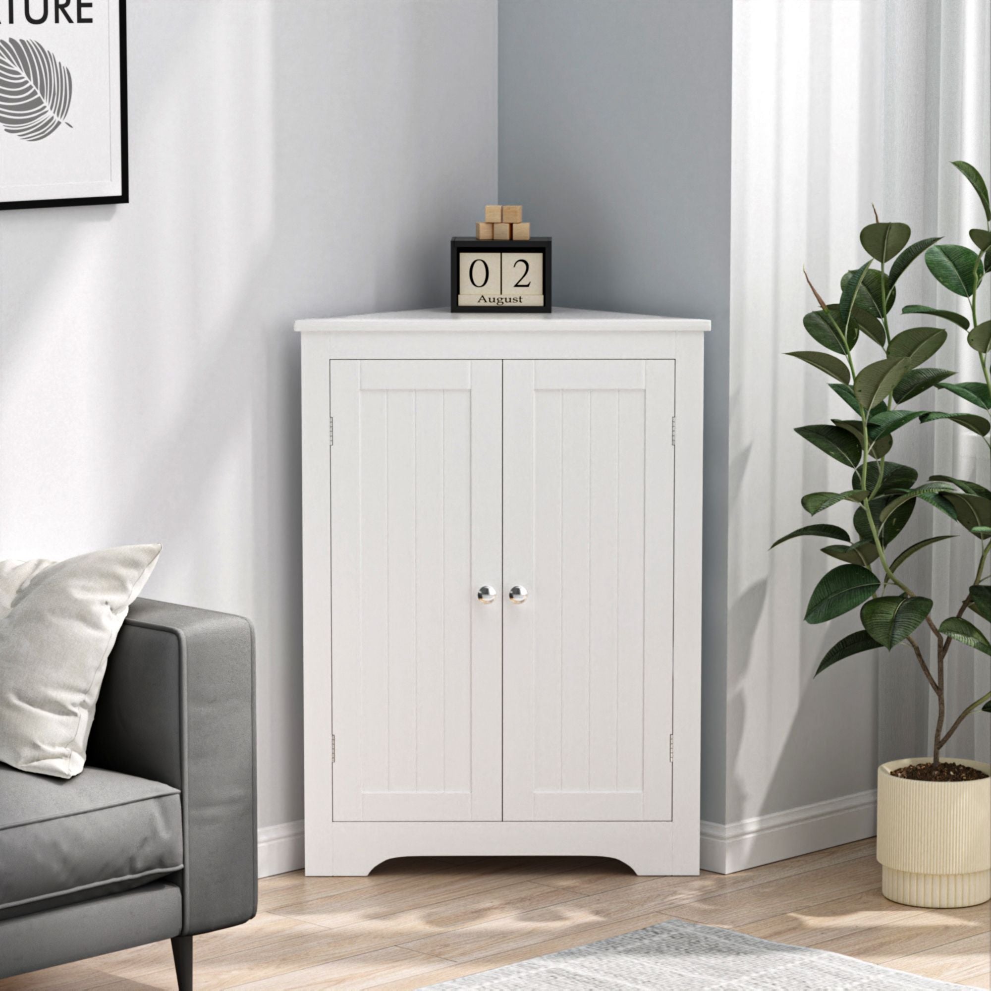 Freestanding Corner Cabinet with Adjustable Shelf and Beadboard Doors