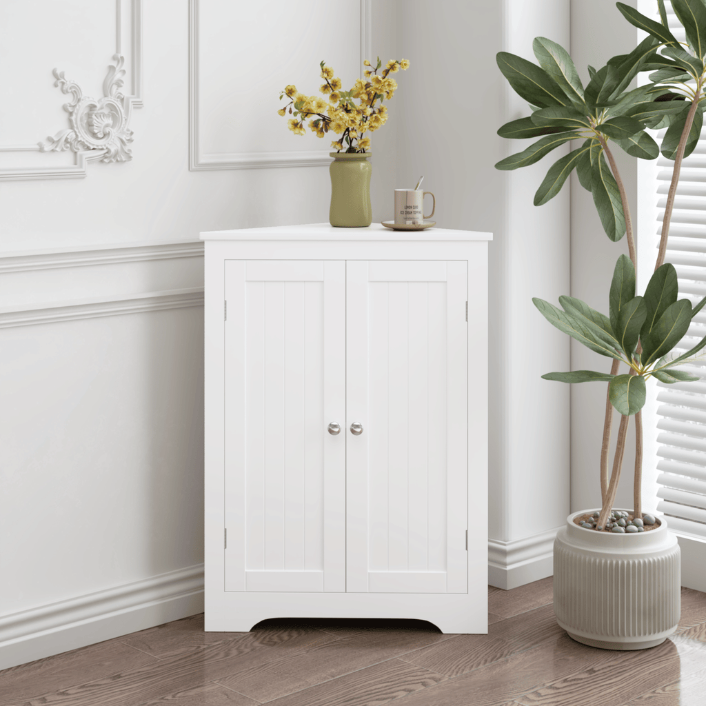 Freestanding Corner Cabinet with Adjustable Shelf and Beadboard Doors
