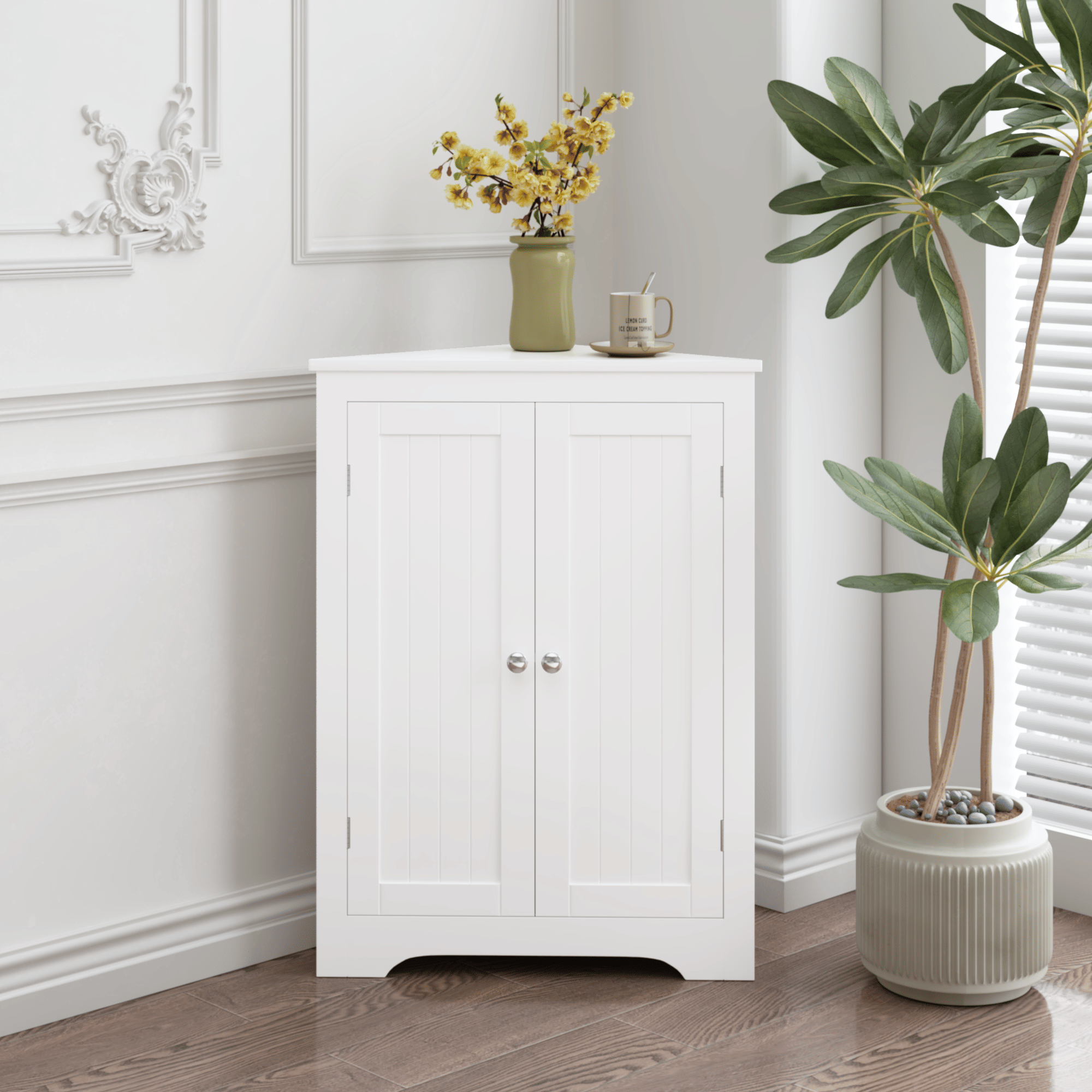 Freestanding Corner Cabinet with Adjustable Shelf and Beadboard Doors