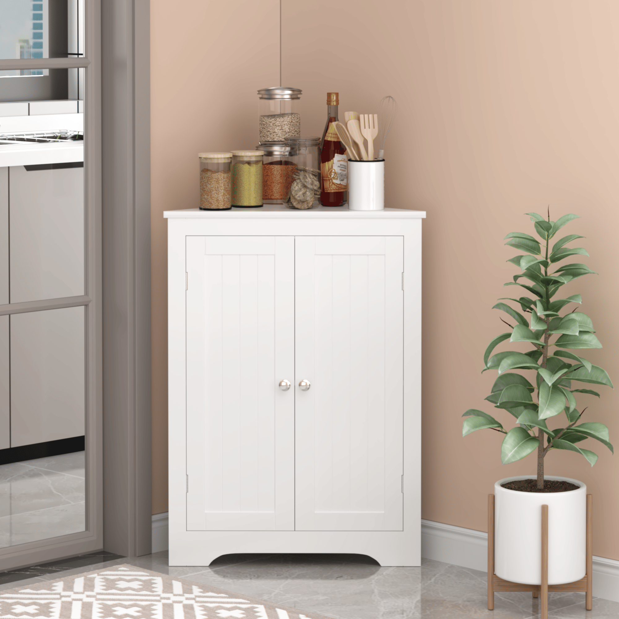 Freestanding Corner Cabinet with Adjustable Shelf and Beadboard Doors