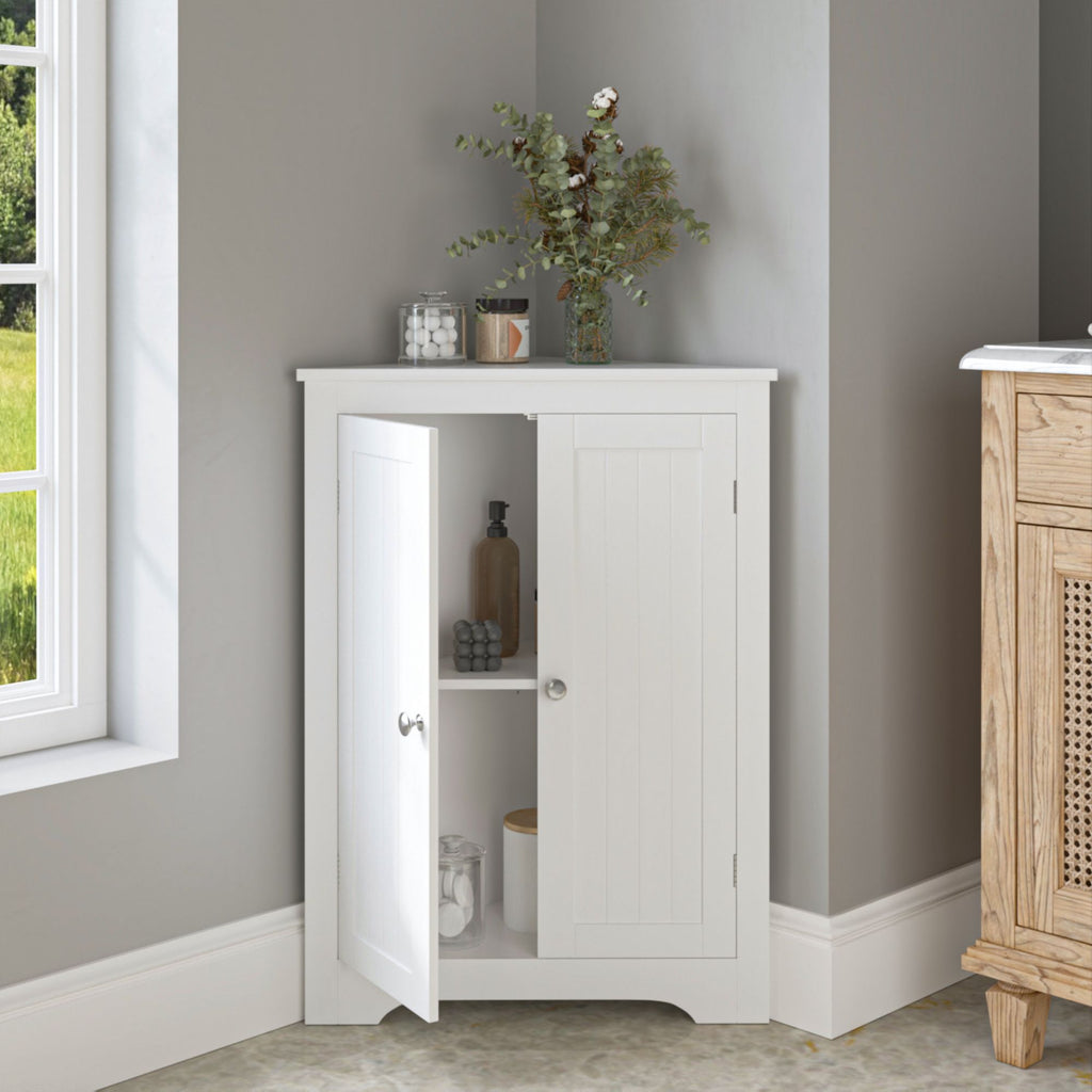Freestanding Corner Cabinet with Adjustable Shelf and Beadboard Doors