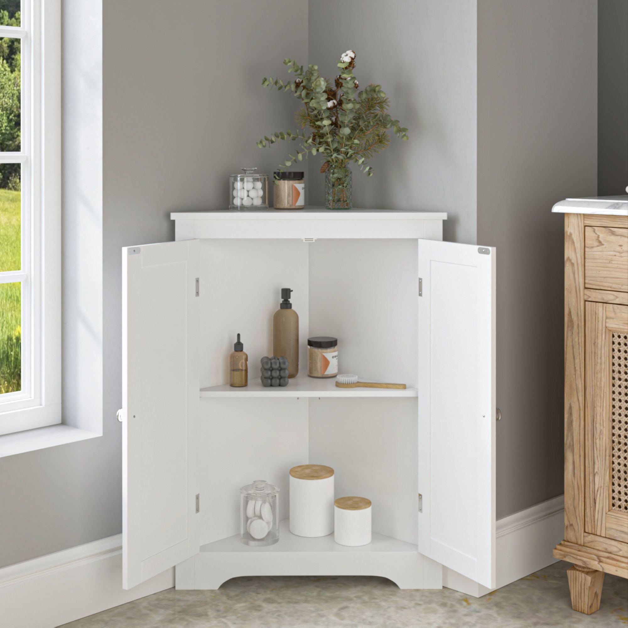 Freestanding Corner Cabinet with Adjustable Shelf and Beadboard Doors