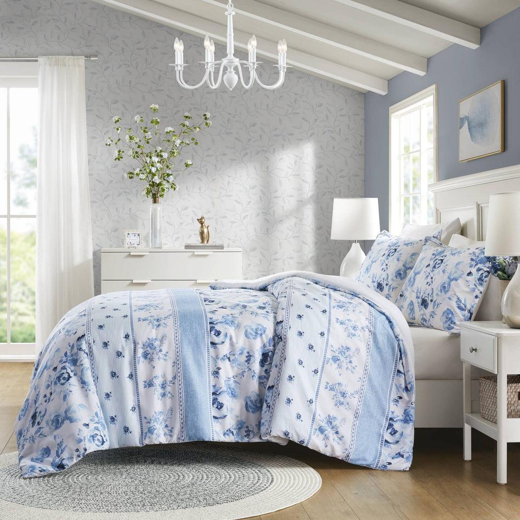 Floral Striped Duvet Cover Set Full/Queen