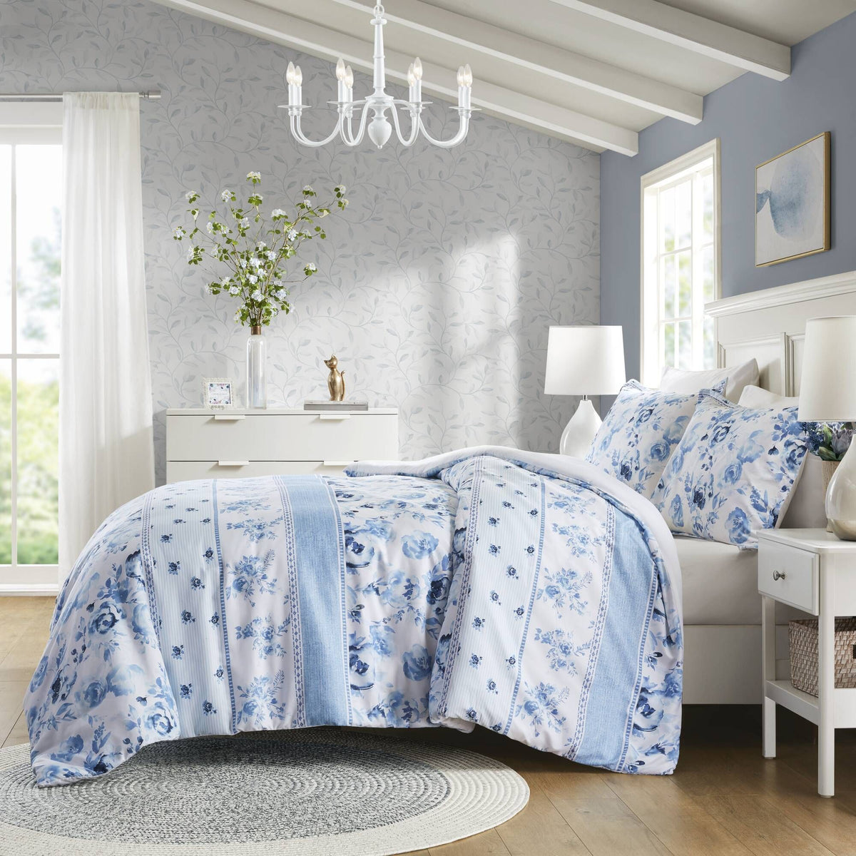Floral Striped Duvet Cover Set Full/Queen