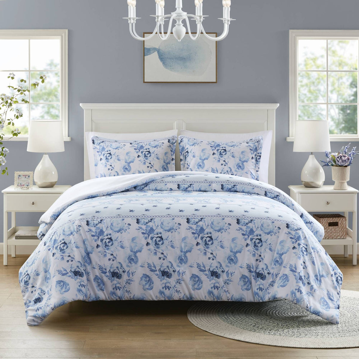 Floral Striped Duvet Cover Set Full/Queen