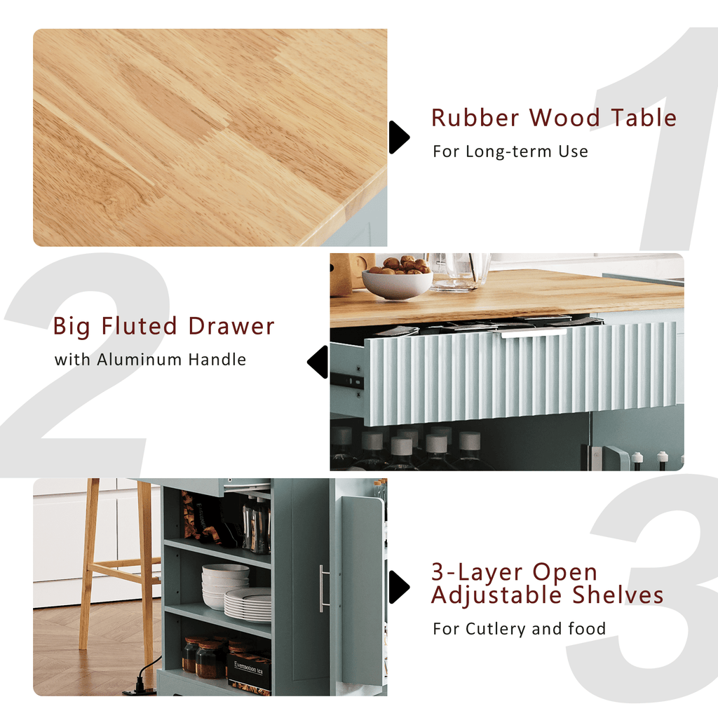 Fluted Kitchen Island with Trash Can Storage Cabinet, Power Outlet, Internal Storage Rack