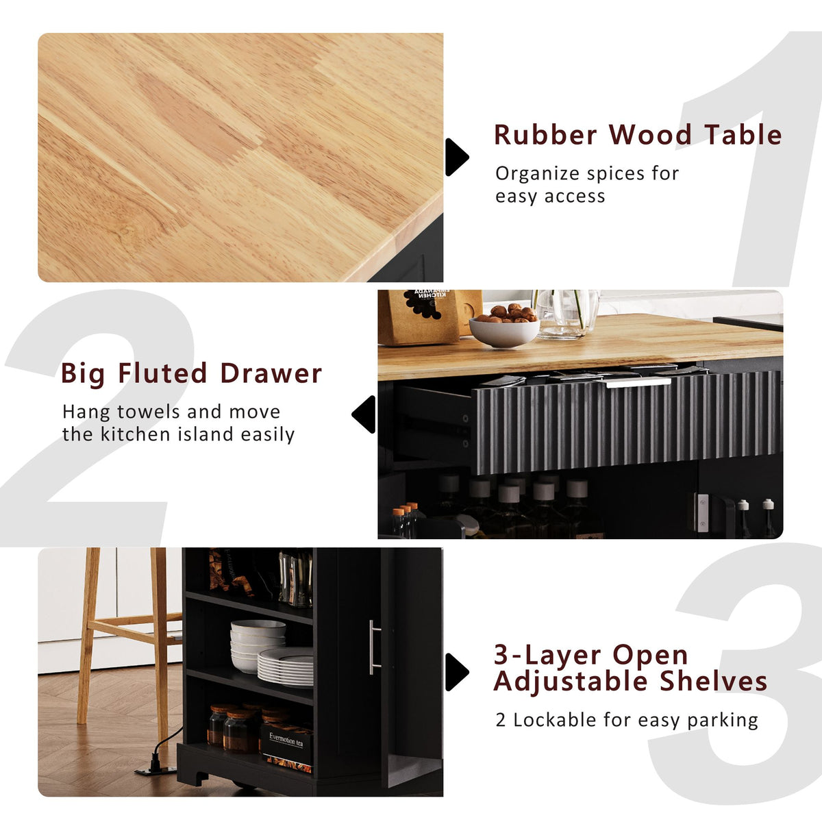 Fluted Kitchen Island with Trash Can Storage Cabinet, Power Outlet, Internal Storage Rack