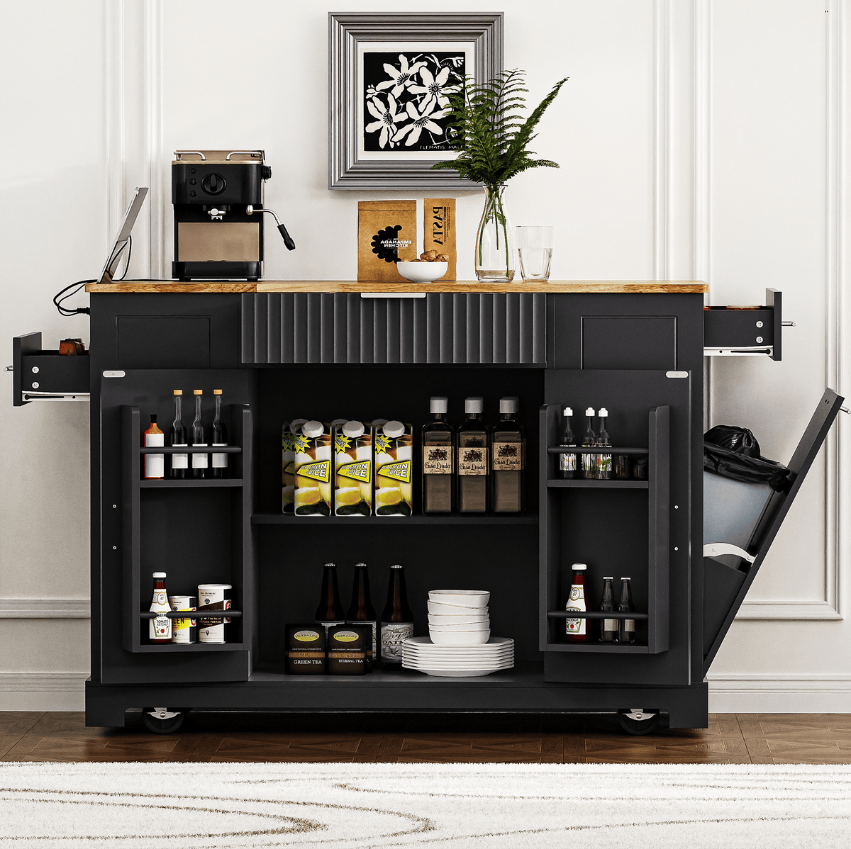 Fluted Kitchen Island with Trash Can Storage Cabinet, Power Outlet, Internal Storage Rack