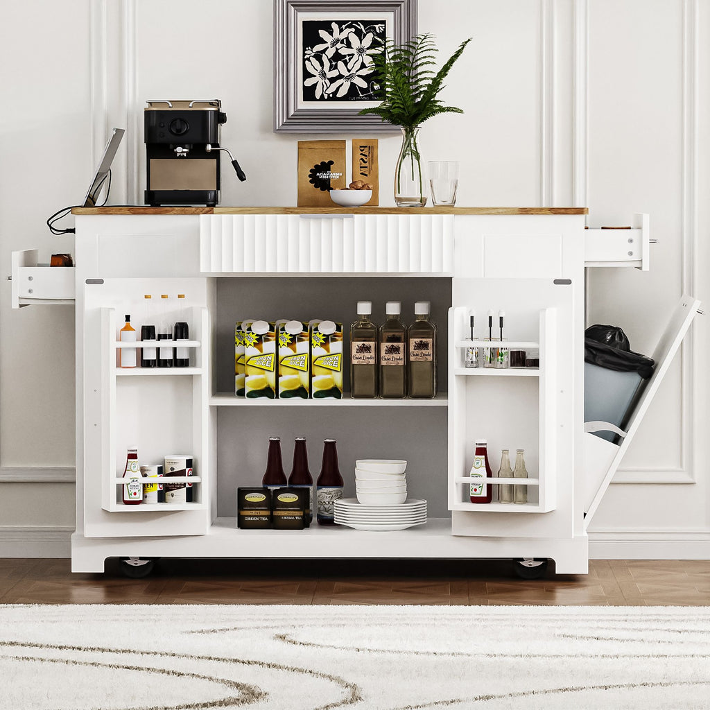 Fluted Kitchen Island with Trash Can Storage Cabinet, Power Outlet, Internal Storage Rack