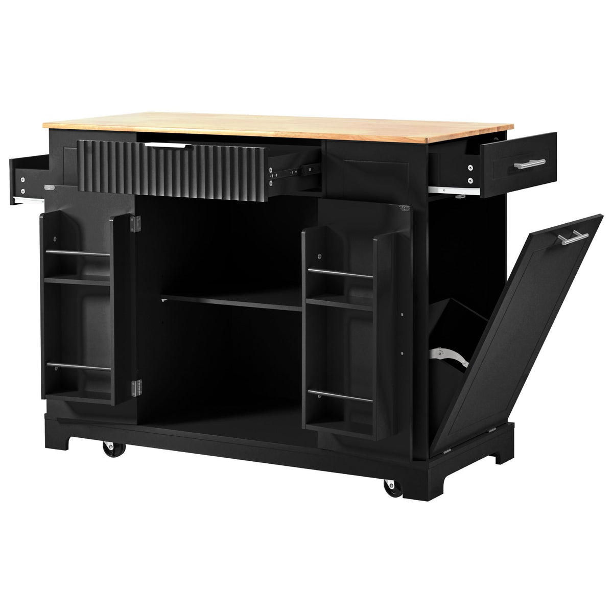 Fluted Kitchen Island with Trash Can Storage Cabinet, Power Outlet, Internal Storage Rack
