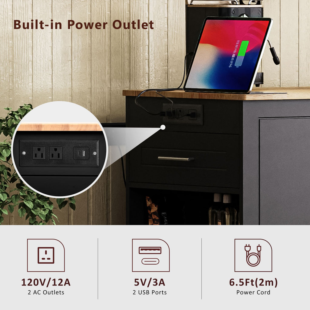 Fluted Kitchen Island with Trash Can Storage Cabinet, Power Outlet, Internal Storage Rack