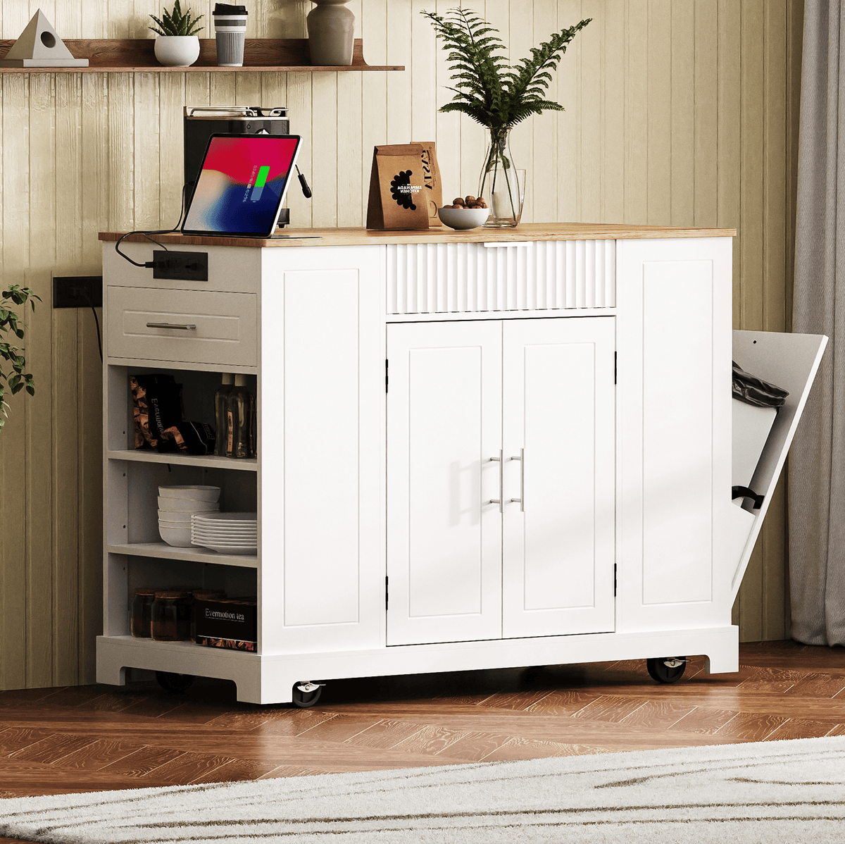 Fluted Kitchen Island with Trash Can Storage Cabinet, Power Outlet, Internal Storage Rack