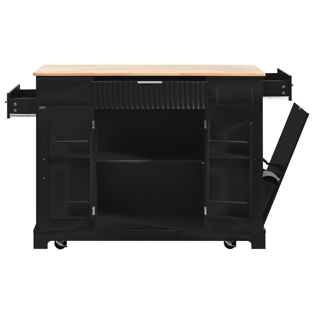 Fluted Kitchen Island with Trash Can Storage Cabinet, Power Outlet, Internal Storage Rack
