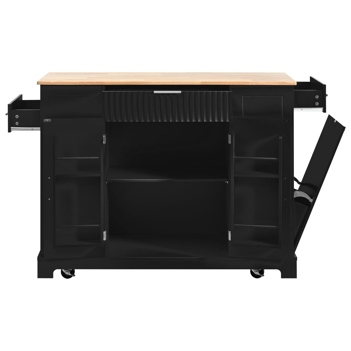 Fluted Kitchen Island with Trash Can Storage Cabinet, Power Outlet, Internal Storage Rack