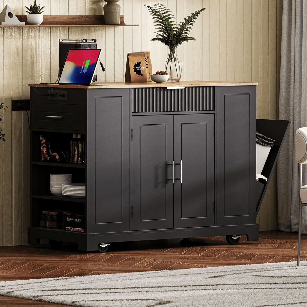 Fluted Kitchen Island with Trash Can Storage Cabinet, Power Outlet, Internal Storage Rack