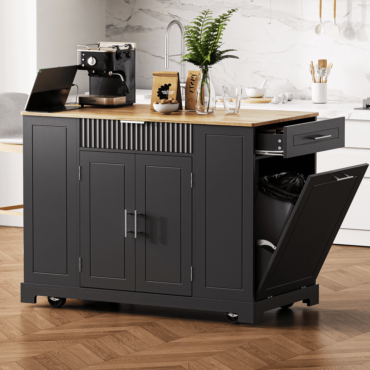 Fluted Kitchen Island with Trash Can Storage Cabinet, Power Outlet, Internal Storage Rack