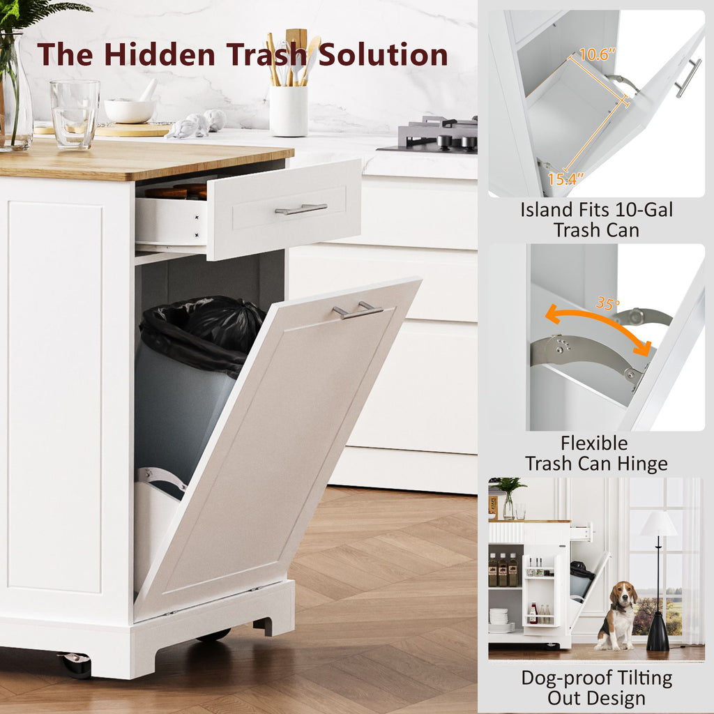Fluted Kitchen Island with Trash Can Storage Cabinet, Power Outlet, Internal Storage Rack