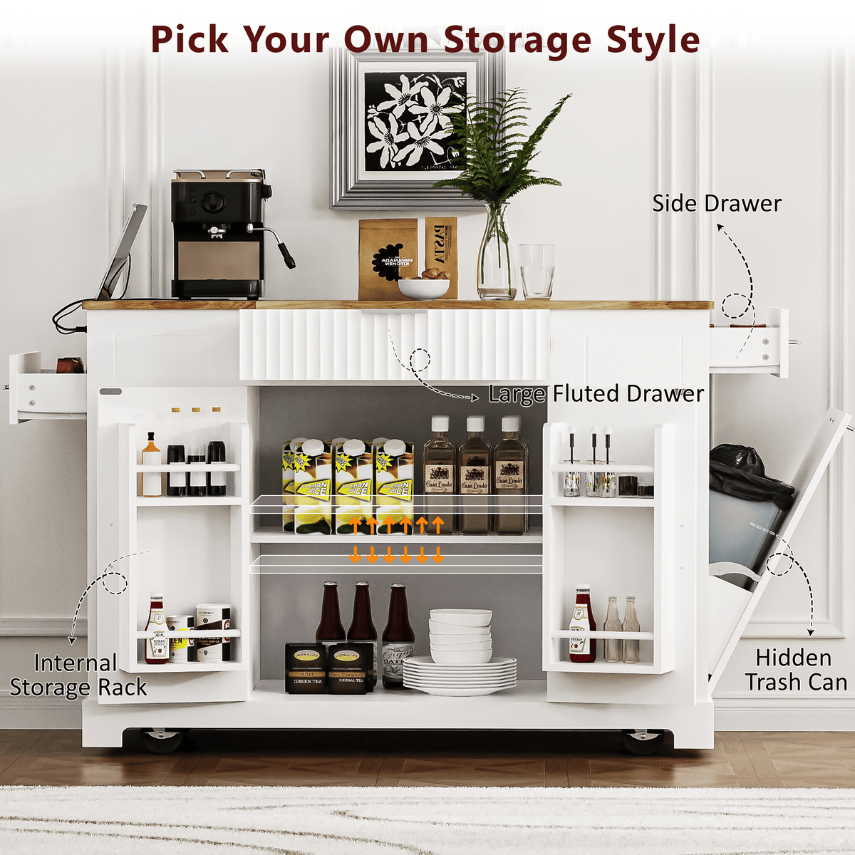 Fluted Kitchen Island with Trash Can Storage Cabinet, Power Outlet, Internal Storage Rack