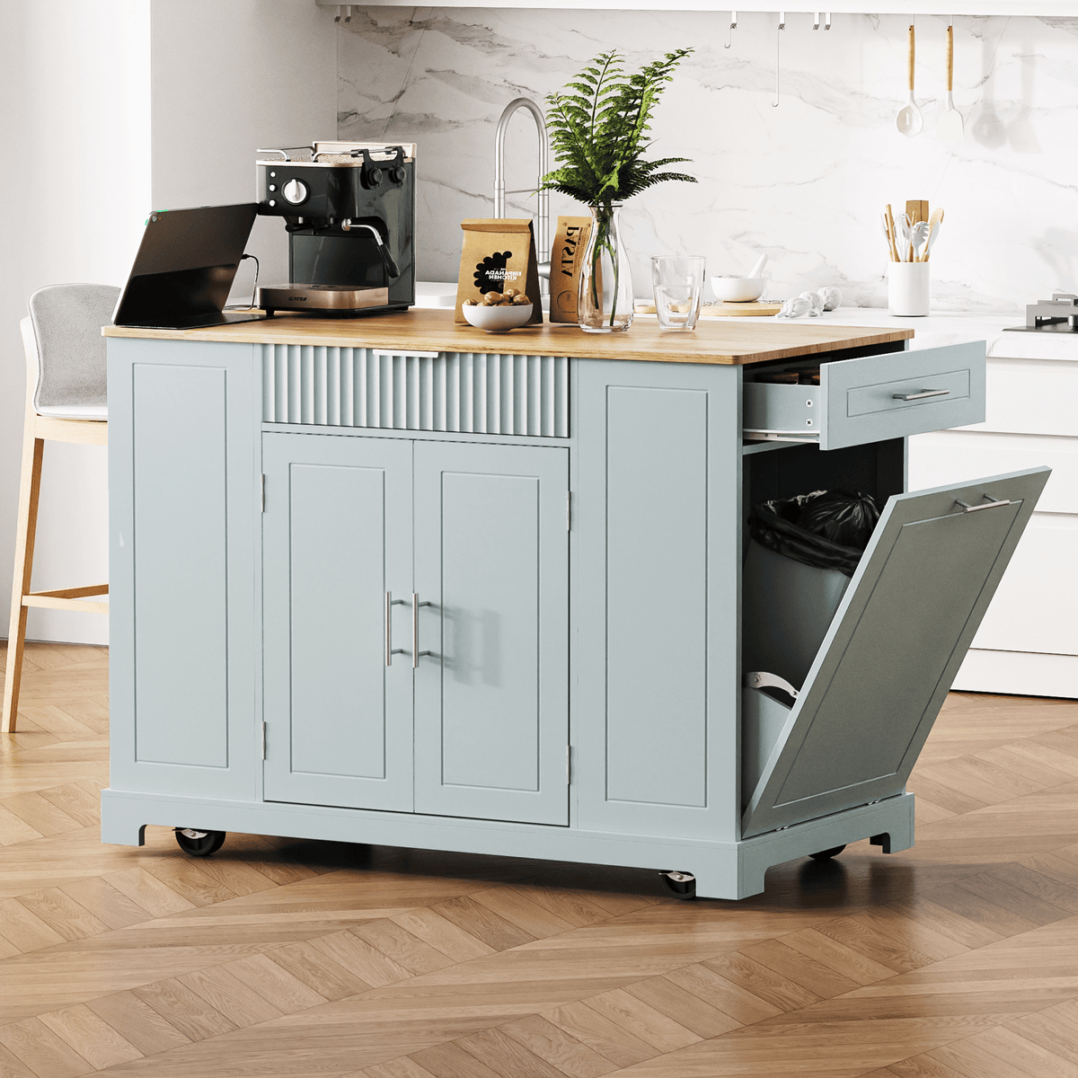 Fluted Kitchen Island with Trash Can Storage Cabinet, Power Outlet, Internal Storage Rack