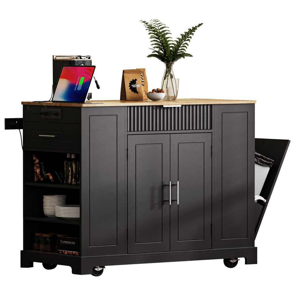 Fluted Kitchen Island with Trash Can Storage Cabinet, Power Outlet, Internal Storage Rack