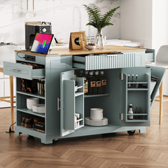 Fluted Kitchen Island with Trash Can Storage Cabinet, Power Outlet, Internal Storage Rack