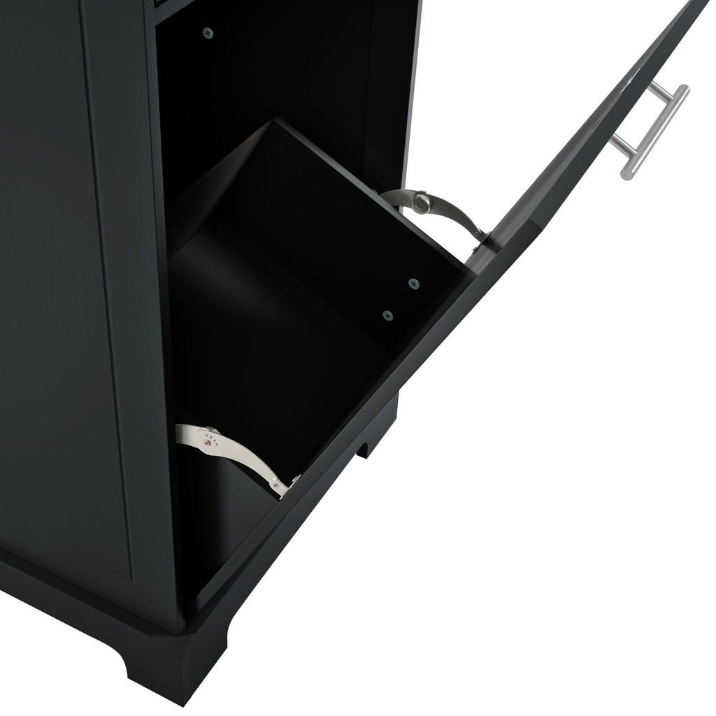 Fluted Kitchen Island with Trash Can Storage Cabinet, Power Outlet, Internal Storage Rack