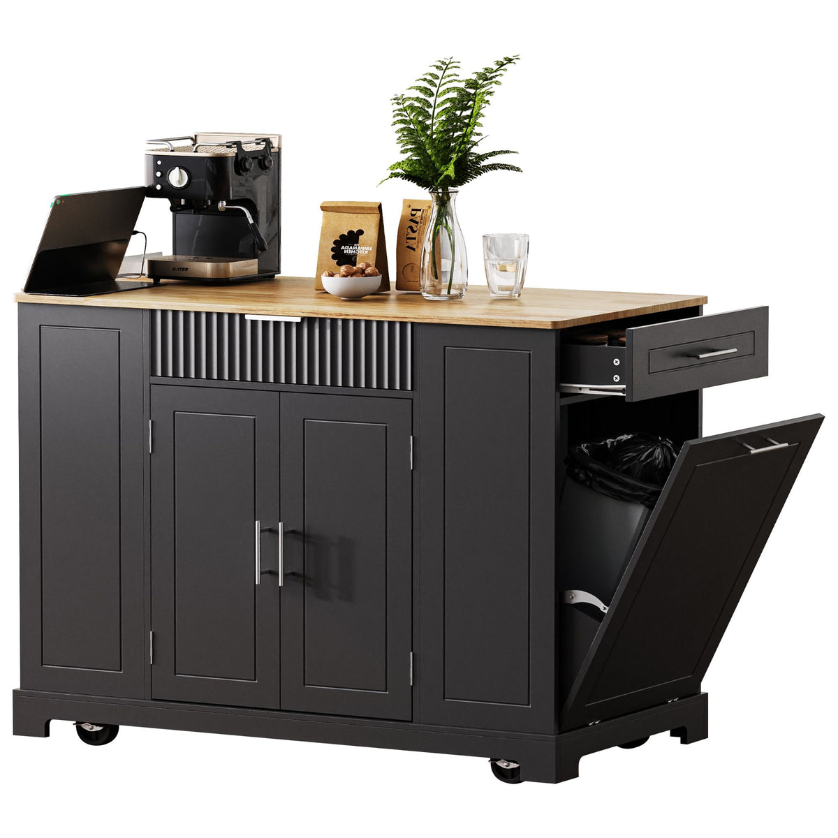 Fluted Kitchen Island with Trash Can Storage Cabinet, Power Outlet, Internal Storage Rack