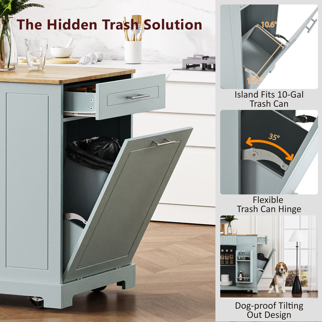 Fluted Kitchen Island with Trash Can Storage Cabinet, Power Outlet, Internal Storage Rack