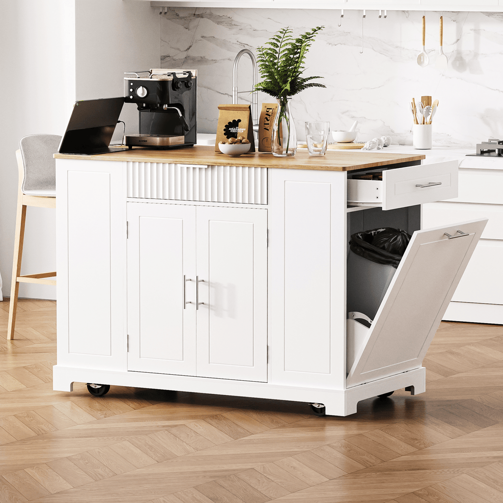 Fluted Kitchen Island with Trash Can Storage Cabinet, Power Outlet, Internal Storage Rack