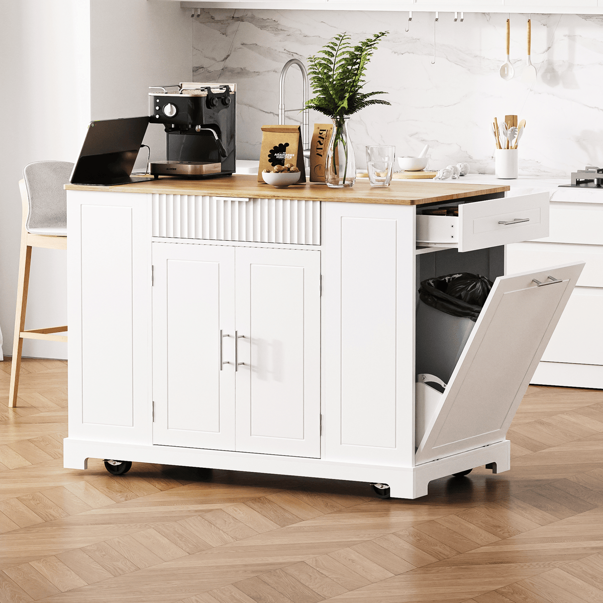 Fluted Kitchen Island with Trash Can Storage Cabinet, Power Outlet, Internal Storage Rack