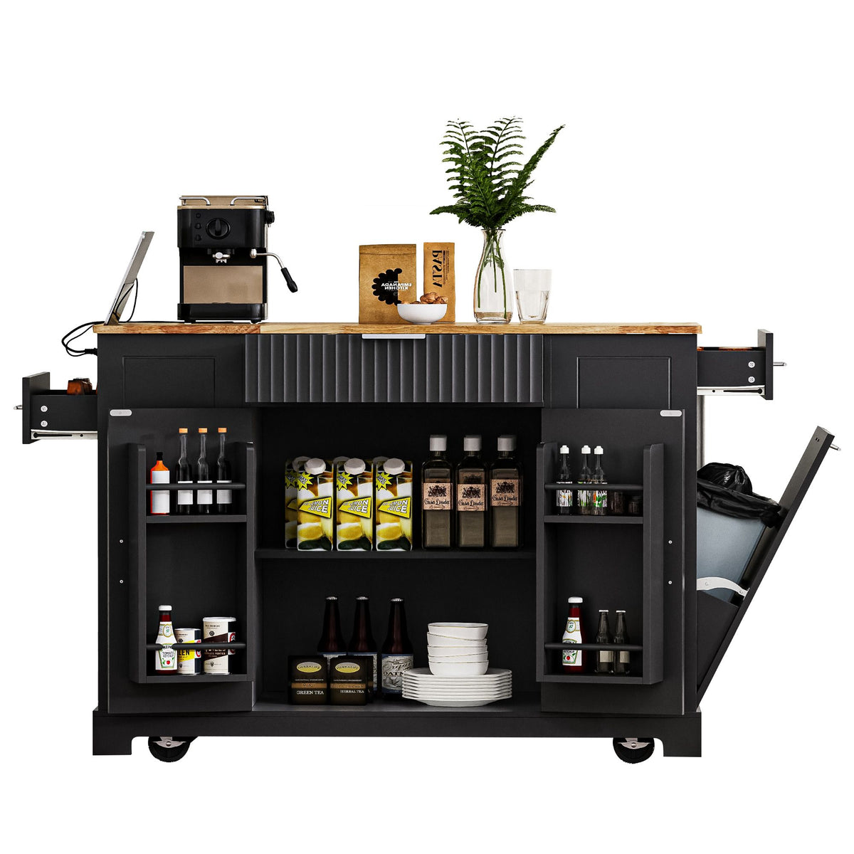 Fluted Kitchen Island with Trash Can Storage Cabinet, Power Outlet, Internal Storage Rack