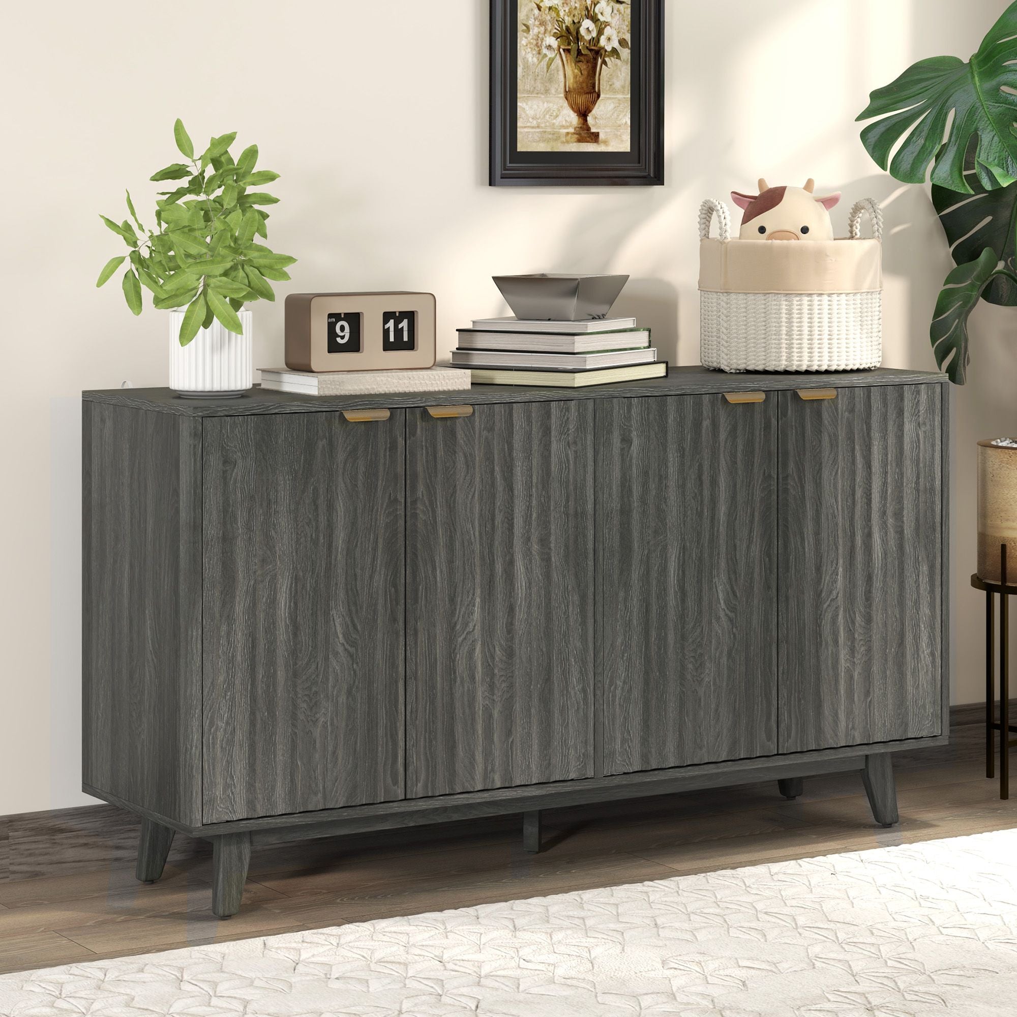 Distressed Gray Fluted Sideboard with Gold Pulls