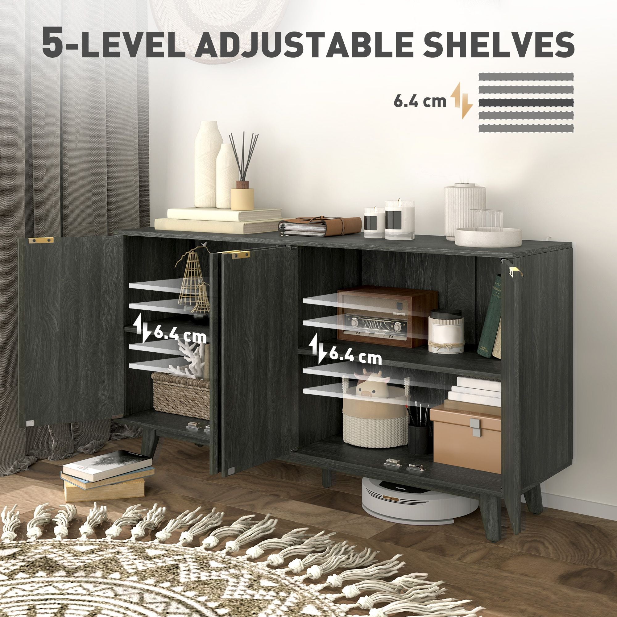 Distressed Gray Fluted Sideboard with Gold Pulls