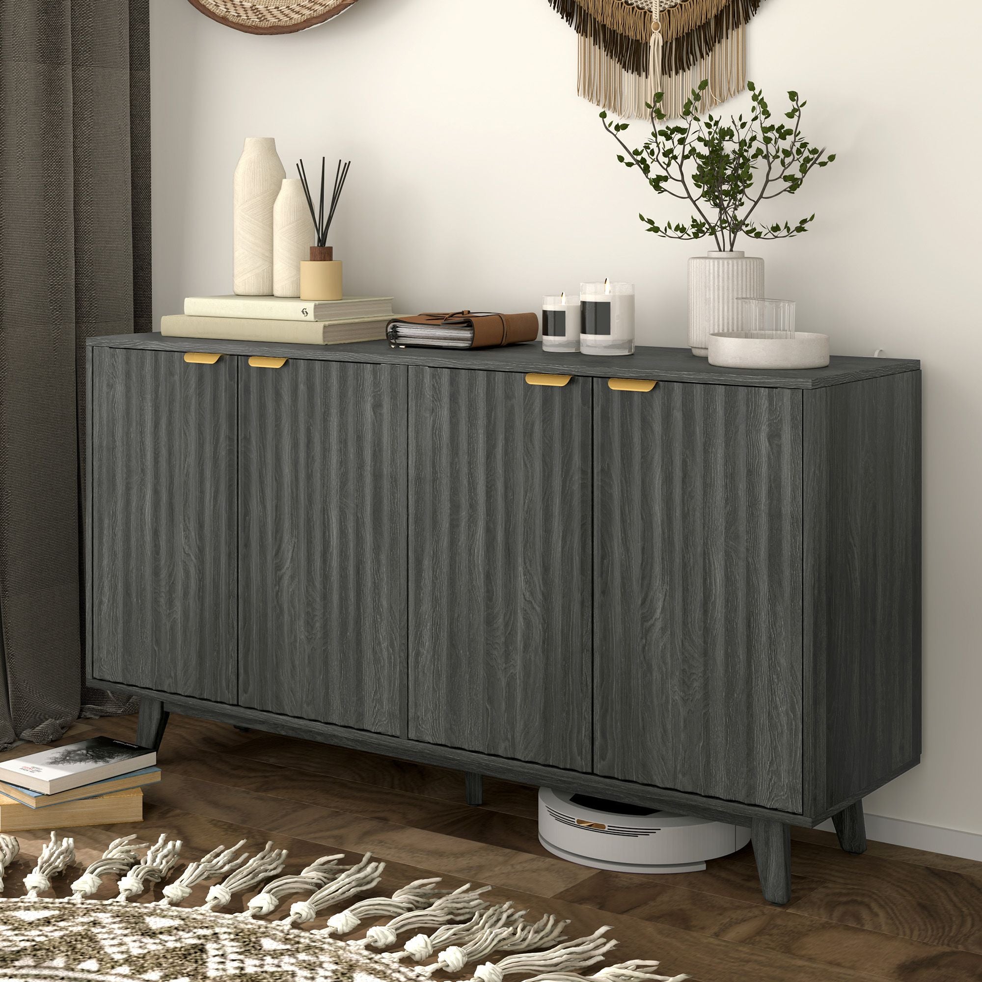 Distressed Gray Fluted Sideboard with Gold Pulls