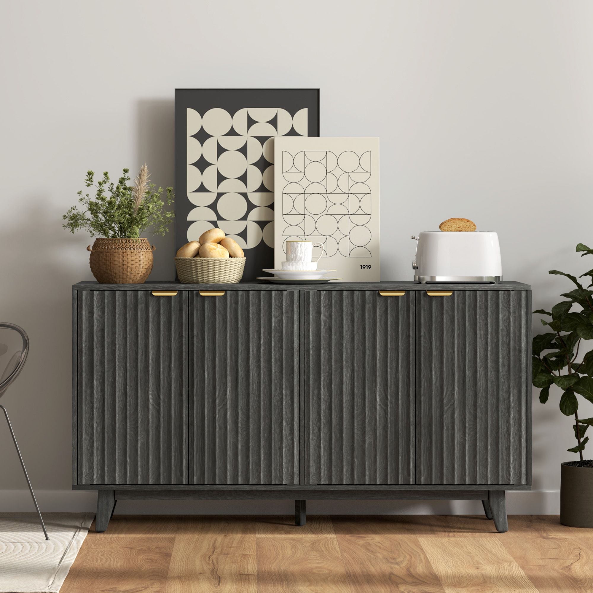 Distressed Gray Fluted Sideboard with Gold Pulls
