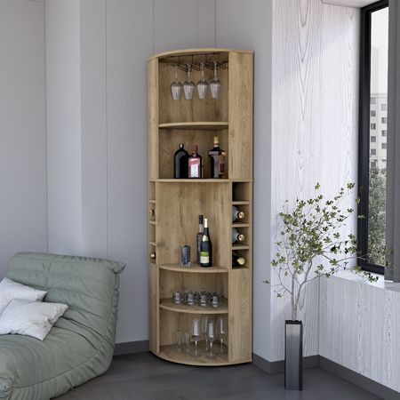 FM FURNITURE Clifton Corner Bar Cabinet, with 5 shelves,Cup Hanger and Eight Built-in Wine