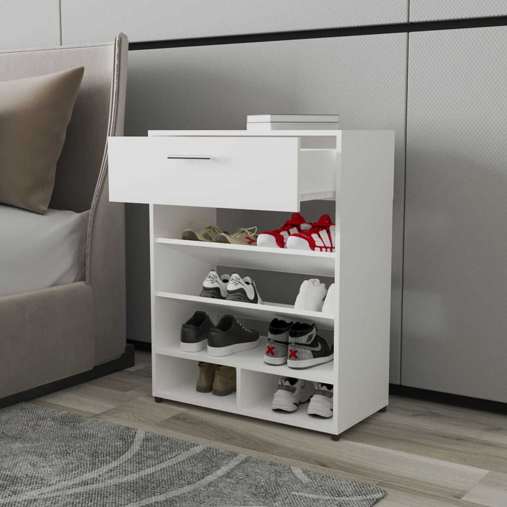 FM Furniture Onawa Modern Shoe Rack with Drawer – White