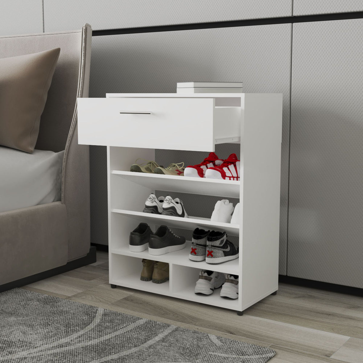 FM Furniture Onawa Modern Shoe Rack with Drawer – White
