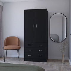 FM FURNITURE Prescott Armoire, with 2 doors, 3 drawers and 1 hanging rod, Black