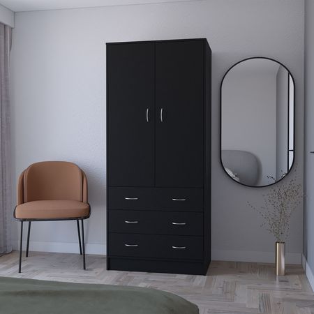 FM FURNITURE Prescott Armoire, with 2 doors, 3 drawers and 1 hanging rod, Black