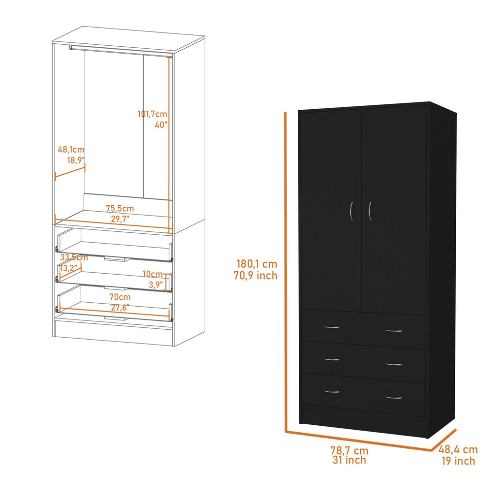 FM FURNITURE Prescott Armoire, with 2 doors, 3 drawers and 1 hanging rod, Black